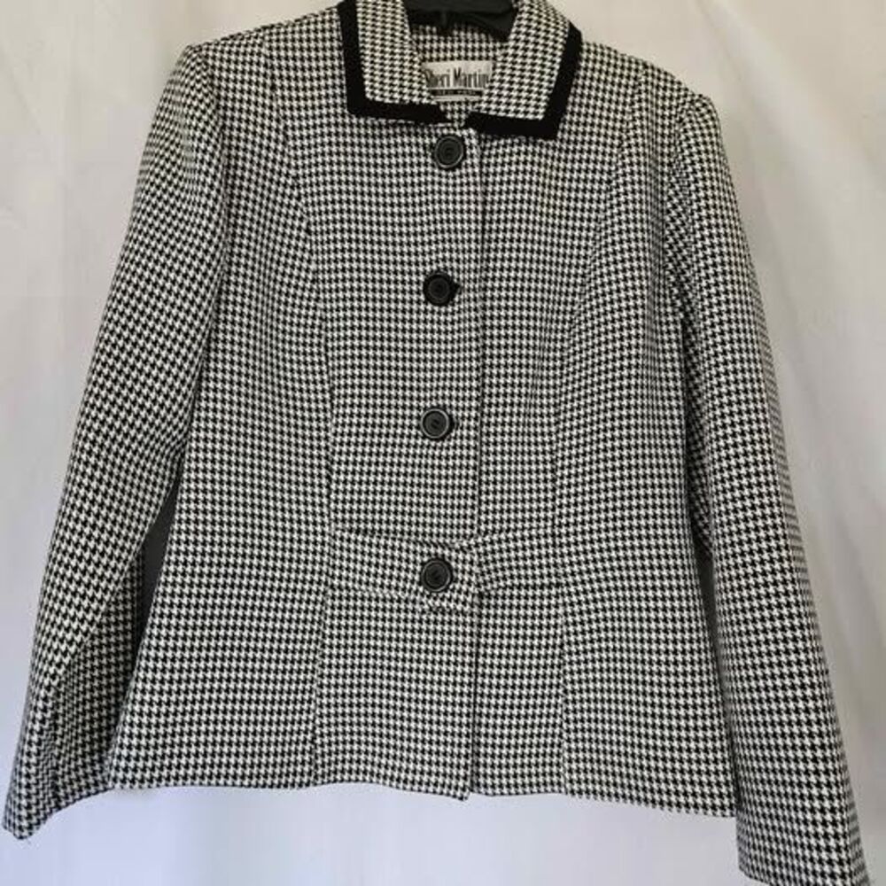 Vintage Sheri Martin Houndstooth Blazer Black White Button Front Shoulder Pads